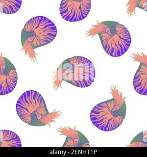 Seamless pattern with colorful nautilus animals, isolated on white background. Decorative texture with sea mollusc. Cartoon style. Vector hand drawn a Stock Vector