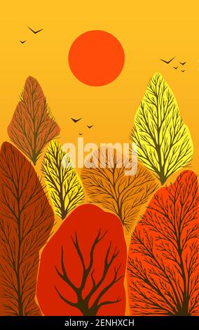Autumn colorful landscape with trees, red sun, birds isolated on an orange background. Vector hand drawn illustration nature . Stock Vector