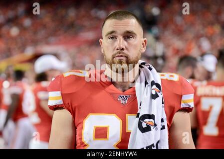 Aug 24, 2019: During pregame warm-ups tight end Travis Kelce (87) of the  Kansas City Chiefs runs through drills in the week 3 preseason game where  the San Fransisco 49ers visited the