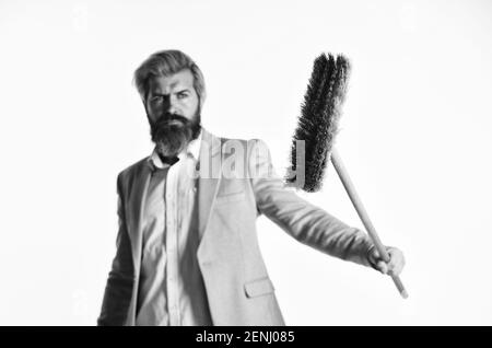 Qualified. Personnel shifts. New responsibilities. Demotion concept. Crisis and unemployment. I agree to any work. Businessman hold broom. Financial crisis concept. Global crisis and unemployment. Stock Photo