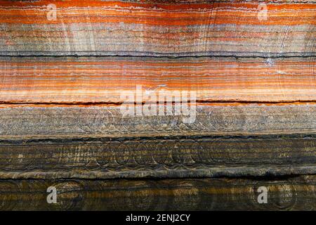 Underground multicolor background fragment with traces of large drilling equipment on wall in potassium and sodium salts Stock Photo