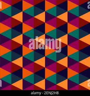 Hexagonal colorful geometric seamless pattern, orange-purple emerald blue plum colors. Vector decorative ornament. Bright hexagon texture. Stock Vector