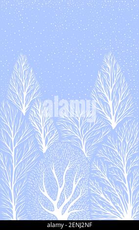 Winter landscape with white tree trunks, falling snow on a light blue sky background. Vector hand drawn surreal illustration with forest. Stock Vector