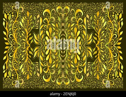 Forest mandala trippy colorful fractal from branches and leaves, color gradient outline, on dark green background. Decorative element flower pattern. Stock Vector