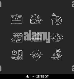 Aviation chalk white icons set on black background Stock Vector