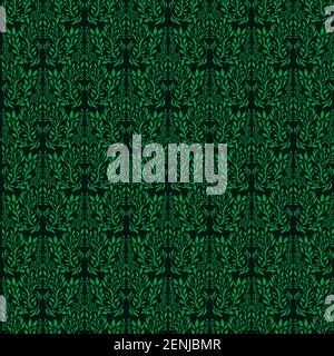 Seamless pattern with decorative ornament plants, grassy color isolated dark green background. Vector dark texture in gothic victorian syle. Stock Vector