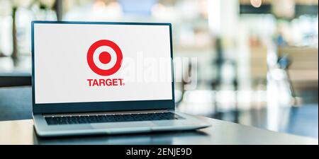 POZNAN, POL - JAN 6, 2021: Laptop computer displaying logo of Target Corporation, an American retail corporation Stock Photo