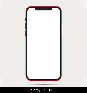 Realistic front view smartphone mockup. Mibile phone red frame with blank white display isolated on background. Vector device Stock Vector