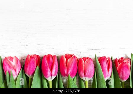 Beautiful pink tulips on wooden background. Greeting card with tulips for Mothers day or Easter. Spring concept. Stock Photo