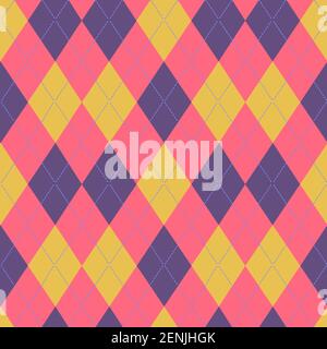 Argyle retro colorful abstract seamless pattern. Vector texture with colorful rhombuses of pink violet yellow. Stock Vector