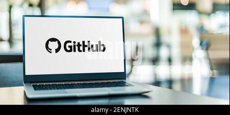 POZNAN, POL - JAN 6, 2021: Laptop computer displaying logo of GitHub, a subsidiary of Microsoft which provides hosting for software development and ve Stock Photo