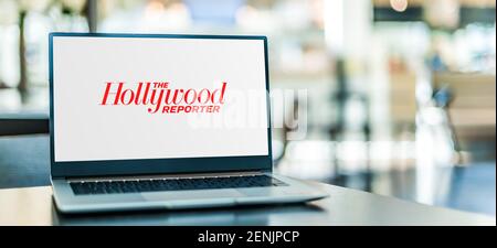POZNAN, POL - JAN 6, 2021: Laptop computer displaying logo of The Hollywood Reporter, a digital and print magazine, and website, which focuses on the Stock Photo