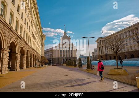 Bulgaria. Sofia. 06.01.2021. Government buildings and old Former Bulgarian Communist Party Headquarters in Sofia with sunny day. Stock Photo