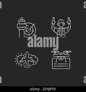 Flight dispatch chalk white icons set on black background Stock Vector