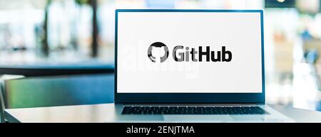 POZNAN, POL - JAN 6, 2021: Laptop computer displaying logo of GitHub, a subsidiary of Microsoft which provides hosting for software development and ve Stock Photo