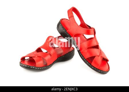 The pair of stylish summer red shoes isolated on white background. Stock Photo