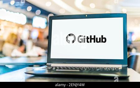 POZNAN, POL - JAN 6, 2021: Laptop computer displaying logo of GitHub, a subsidiary of Microsoft which provides hosting for software development and ve Stock Photo