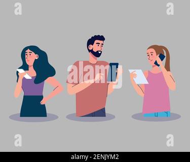 young three persons using smartphones characters Stock Vector