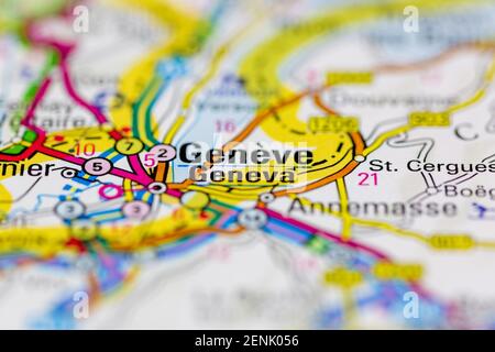 Geneva shown on a Road map or a geography map Stock Photo