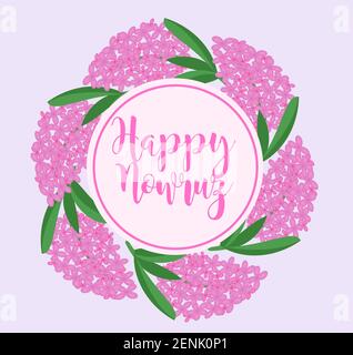 Happy Nowruz day greeting card with lilac, hyacinth flower frame, template for your design. New Year in Iran. Vector illustration Stock Vector