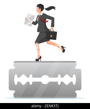 Businesswoman walking on edge of knife with briefcase and laptop. Business woman walking on razor blade. Obstacle on road, financial crisis. Risk management challenge. Flat vector illustration Stock Vector