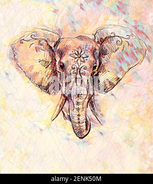 Elephant with floral ornament, pencil drawing on paper. Color effect and Computer collage. Stock Photo