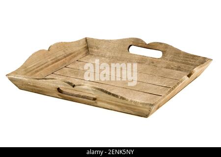 Wooden tray isolated on white background. Stock Photo