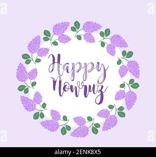 Happy Nowruz day greeting card with lilac, hyacinth flower frame, template for your design. New Year in Iran. Vector illustration Stock Vector