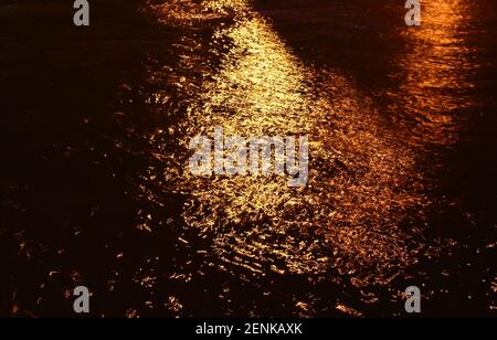 blurry of artificial light pole reflection on canal in night Stock Photo