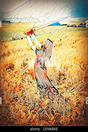 Young woman with ornamental dress and sword in hand standing on a wheat field with sunset. Natural background. Stock Photo