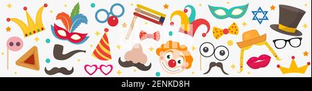 Happy purim banner template with clowns. Purim Carnival in Israel, Jewish holiday. Vector illustration Stock Vector