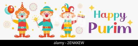 Happy purim banner template with clowns. Purim Carnival in Israel, Jewish holiday. Vector illustration Stock Vector