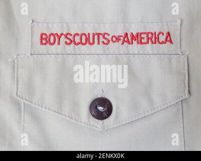 Los Angeles, CA / USA - Feb. 17, 2021: A Boy Scouts of America text patch is shown on a uniform shirt up close. For editorial uses only. Stock Photo