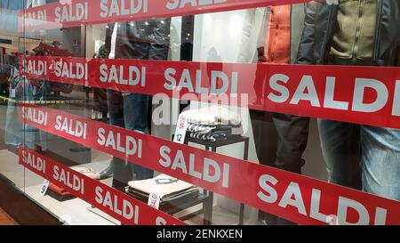 Sale poster.Shop front sale poster, discount sale marketing info.The red banner on which the sale with discounts is written. Stock Photo