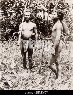 Vintage 19th century photograph: Sakai people, with blowpipes, Dutch East Indies, Indonesia. Stock Photo