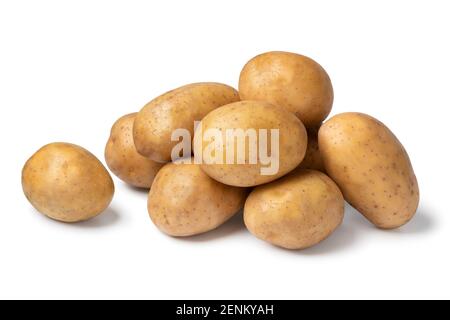 Heap of fresh raw Nicola potatoes isolated on white background Stock Photo