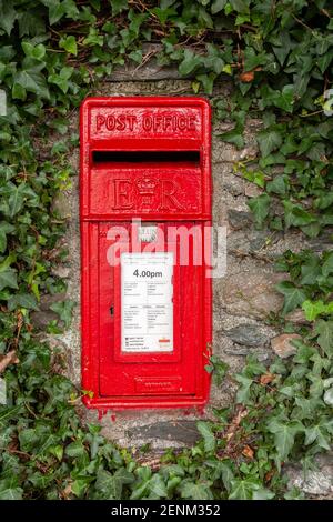 Traditional red UK postbox set in an ivy covered wall Stock Photo