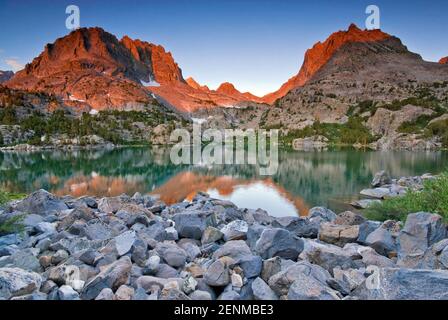 Mount Robinson, Two Eagle Peak over  Fifth Lake, sunrise, Big Pine Lakes, The Palisades, John Muir Wilderness, Eastern Sierra Nevada, California, USA Stock Photo