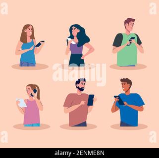 young six persons using smartphones technology Stock Vector