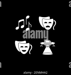 Cinema entertainment categories white glyph icons set for dark mode Stock Vector