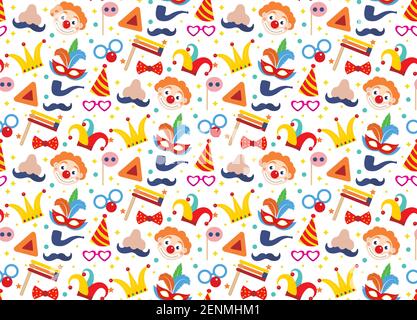 Happy purim seamless pattern with clowns. Circus, carnival endless ...