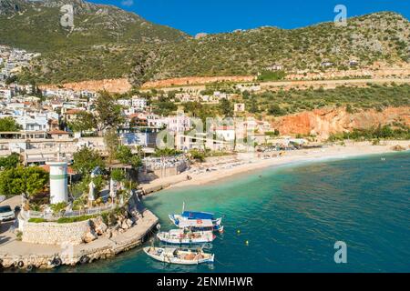 Aerial view of Kalkan Beach in the town of Kalkan, Antalya, Turkey Stock Photo