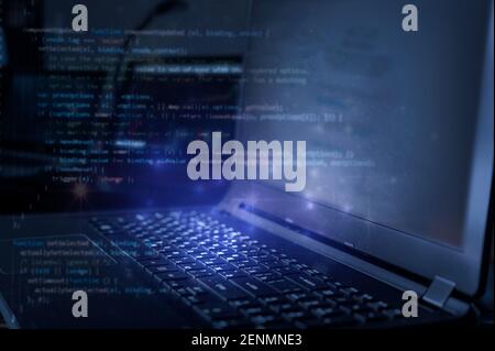 Technical background. Laptop and code background. Learn programming language, computer courses, training. Stock Photo