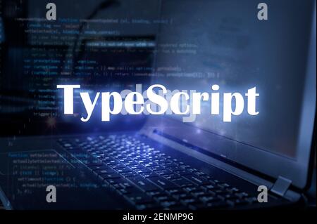 TypeScript inscription against laptop and code background. Learn programming language, computer courses, training. Stock Photo