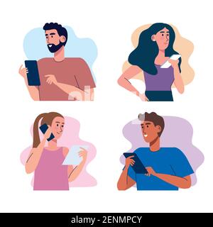 young four persons using smartphones technology Stock Vector