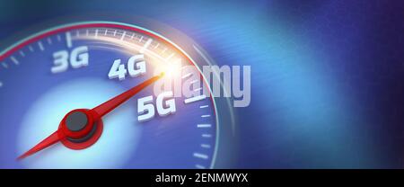 Banner of 5G high speed internet concept. Wireless network speed evolution 5G concept with abstract connected dots wireless communication network on s Stock Photo