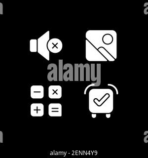 Smartphone interface white glyph icons set for dark mode Stock Vector