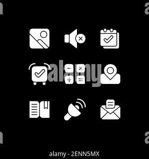 Smartphone interface white glyph icons set for dark mode Stock Vector