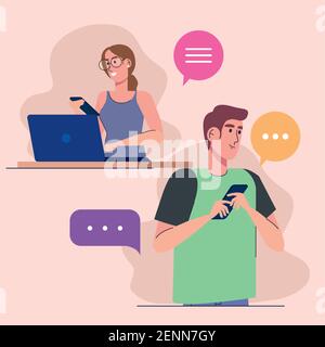 young couple using smartphone and laptop characters Stock Vector