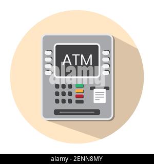 Automated Teller Machine (ATM) flat icon on a round background for apps or websites Stock Vector